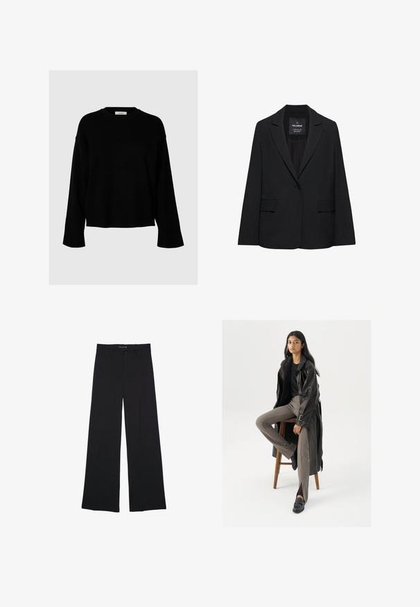 Sort skræddersyet blazer med enkeltknaplukning, skrå kraver og klaplommer, mærket Pull&Bear, vist på en hvid baggrund.; Sort sweater med løs pasform, lange ærmer, rund halsudskæring og ribstrikkede manchetter, lavet af blødt, tekstureret stof.; Sorte bukser med vide ben med knap- og lynlåslukning, bæltestropper og en glat, skræddersyet finish.; Sort læder trench coat med knapper og bælte detalje, parret med lysebrune tætsiddende bukser og sorte loafers, siddende på en træstol.