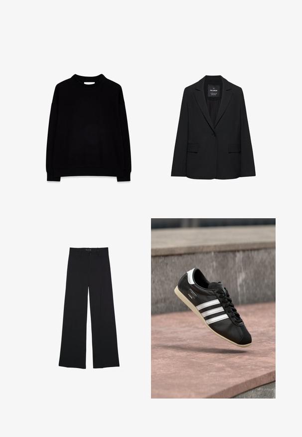 Čierne sako na mieru s jedným gombíkom, výrezmi na klopách a klopovými vreckami, označené značkou Pull&Bear, zobrazené na bielom pozadí.; Čierna mikina vyrobená z mäkkej textílie, s vysokým golierom, dlhými rukávmi a rebrovanými manžetami na leme, s jednoduchým dizajnom a bez vzorov.; Čierne široké nohavice so zapínaním na gombík a zips, pútkami na opasok a hladkým, upraveným povrchom.; Čierna kožená teniska s bielymi pruhmi a podrážkou, zaviazaná šnúrkami, vznášajúca sa nad ružovkastým betónovým povrchom s sivou kamennou stenou v pozadí.