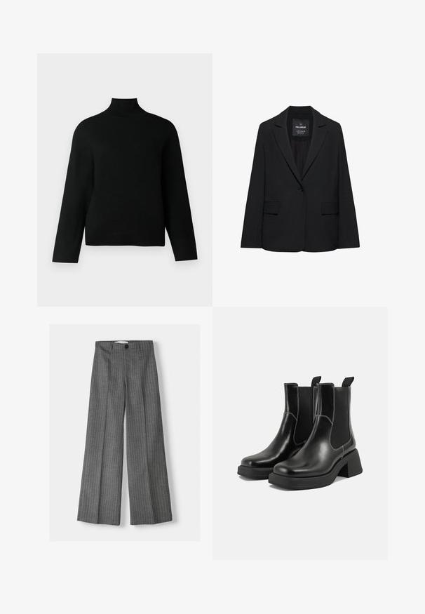 Sort skræddersyet blazer med enkeltknaplukning, skrå kraver og klaplommer, mærket Pull&Bear, vist på en hvid baggrund.; Sort turtleneck trøje lavet af blødt strikstof, der har lange ærmer og en afslappet pasform. Glat tekstur uden synlige mønstre eller accenter.; Grå brede bukser med stribe-mønster, udstyret med knaplukning og to forlommer. Lavet af tekstureret stof.; Sorte læder Chelsea-støvler med en kraftig hæl, elastiske sidepaneler og kontrastfarvet hvid syning. Tekstureret overflade.