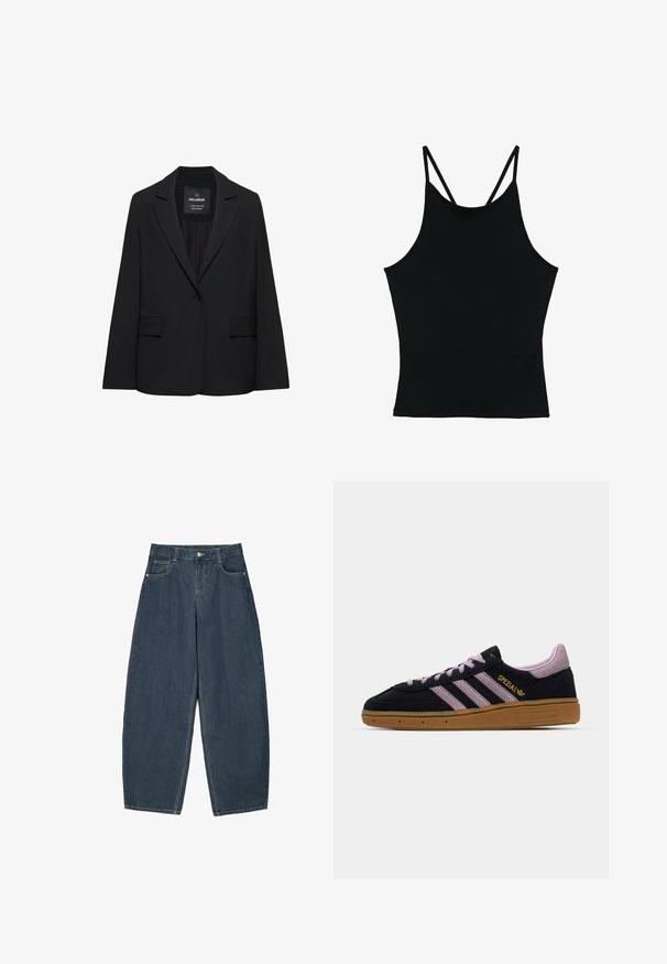Čierne sako na mieru s jedným gombíkom, výrezmi na klopách a klopovými vreckami, označené značkou Pull&Bear, zobrazené na bielom pozadí.; Čierne tielko bez rukávov s tenkými dvojitými ramienkami a okrúhlym výstrihom, zobrazené na bielom pozadí.; Tmavomodré denimové nohavice širokého strihu s vysokým pásom, obsahujúce päť vreciek a viditeľné švy. Čistý, minimalistický dizajn.; Čierne a ružové semišové tenisky s gumovou podrážkou, tri ružové pruhy, zlaté označenie "SPEZIAL" a textúrovaná gumená podrážka. Nízky dizajn.