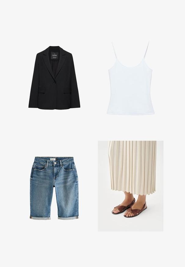 Zwart op maat gemaakte blazer met een enkele knoopsluiting, notch-revers en klepzakken, gelabeld Pull&Bear, weergegeven tegen een witte achtergrond.; Witte dames-camisole met dunne spaghettibandjes en een aansluitend, eenvoudig ontwerp.; Blauwe denim knielange shorts met een omgeslagen zoom, vijf zakken en een metalen knoopsluiting. Stof heeft een licht vervaagde uitstraling.; Bruine leren sandalen met een kruisriemontwerp, vlakke zool en open teen, gecombineerd met een crèmewitte geplooide rok.