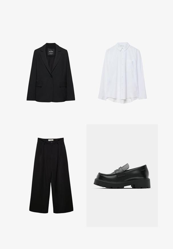 Blazer noir sur mesure avec fermeture à un bouton, revers crantés et poches à rabat, étiquette Pull&Bear, présenté sur fond blanc.; Chemise blanche à manches longues, à boutons, avec col et poche poitrine unique, ourlet légèrement incurvé, présentée sur un fond blanc.; Pantalon noir à jambes larges avec taille haute, présentant des plis à l'avant, deux poches latérales et une fermeture par bouton. Texture de tissu lisse.; Mocassins en cuir noir avec une semelle épaisse et texturée, dotés d'une sangle sur le vamp et d'une finition lisse et polie.