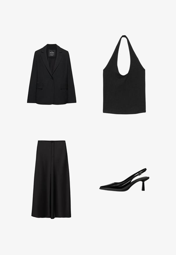 Blazer noir sur mesure avec fermeture à un bouton, revers crantés et poches à rabat, étiquette Pull&Bear, présenté sur fond blanc.; Sac cabas en tissu noir avec des bretelles larges et arrondies et un compartiment principal ouvert, présenté sur fond blanc.; Longue jupe noire à texture lisse, avec un cordon fin à la taille et un design fluide légèrement évasé.; Escarpin slingback en cuir verni noir avec bout pointu, talon bloc de hauteur moyenne et bride réglable à boucle sur fond blanc.