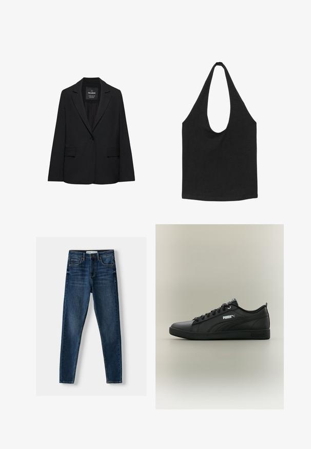 Čierne sako na mieru s jedným gombíkom, výrezmi na klopách a klopovými vreckami, označené značkou Pull&Bear, zobrazené na bielom pozadí.; Čierna látková taška typu tote so širokými, zaoblenými ramennými popruhmi a otvoreným hlavným oddielom, zobrazená na bielom pozadí.; Tmavomodré denimové skinny džínsy s klasickým päť-pocket dizajnom, zosilneným šitím a zapínaním na gombík. Hladká textúra, bez vzorov.; Čierny nízky Puma teniska so šnúrkami, bočným logom a textúrovanou podrážkou na neutrálnom pozadí, zobrazený z vonkajšej strany.