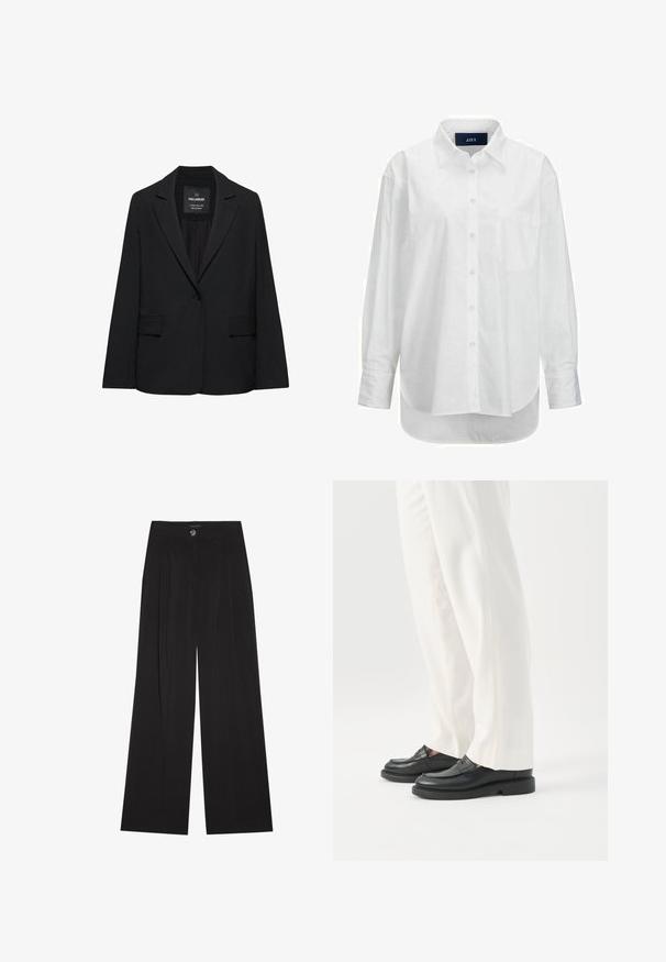 Sort skræddersyet blazer med enkeltknaplukning, skrå kraver og klaplommer, mærket Pull&Bear, vist på en hvid baggrund.; Hvid langærmet skjorte i glat bomuld med knapkrave, frontlomme og buet nederkant. Har en rygskulder for ekstra struktur.; Sorte bukser med vide ben lavet af blødt stof, med høj talje, frontfolder og enkelt knaplukning. Glat tekstur og skræddersyet design.; Person iført hvide skræddersyede bukser og sorte læder loafers stående på hvid baggrund.