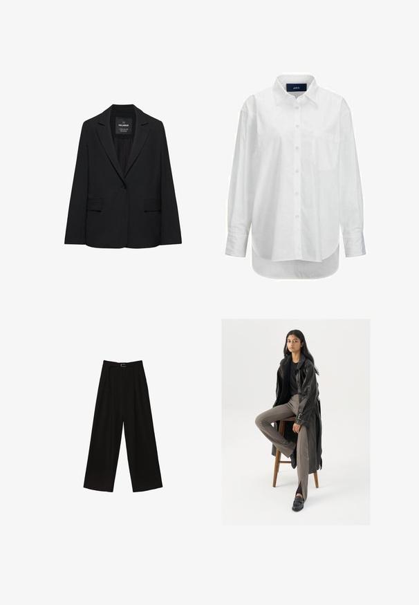 Čierne sako na mieru s jedným gombíkom, výrezmi na klopách a klopovými vreckami, označené značkou Pull&Bear, zobrazené na bielom pozadí.; Biele dlhé rukávy košele z hladkej bavlny s golierom na gombíky, prednou vreckom a zakriveným lemom. Obsahuje zadný diel pre zvýšenú štruktúru.; Čierne široké nohavice s vysokým pásom, vybavené pásom v páse a sklady pre textúru. Vyrobené z hladkej, ľahkej látky.; Čierny kožený trenčkot s gombíkmi a detailom pásu, v kombinácii so svetlohnedými priliehavými nohavicami a čiernymi mokasínami, posadený na drevenej stoličke.