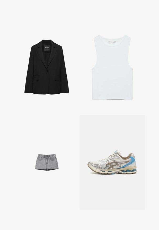 Blazer noir sur mesure avec fermeture à un bouton, revers crantés et poches à rabat, étiquette Pull&Bear, présenté sur fond blanc.; Crop top blanc sans manches avec col rond, en tissu lisse, étiqueté Pull&Bear, adapté pour un usage décontracté.; Jupe mini en denim de couleur gris délavé. Comprend une fermeture à boutons, des passants pour ceinture et deux poches avant. Texture lisse avec un effet de lavage subtil.; Chaussure de course blanche et beige avec des accents bleus, dessus en mesh, semelle rembourrée et design à lacets, vue du côté extérieur.