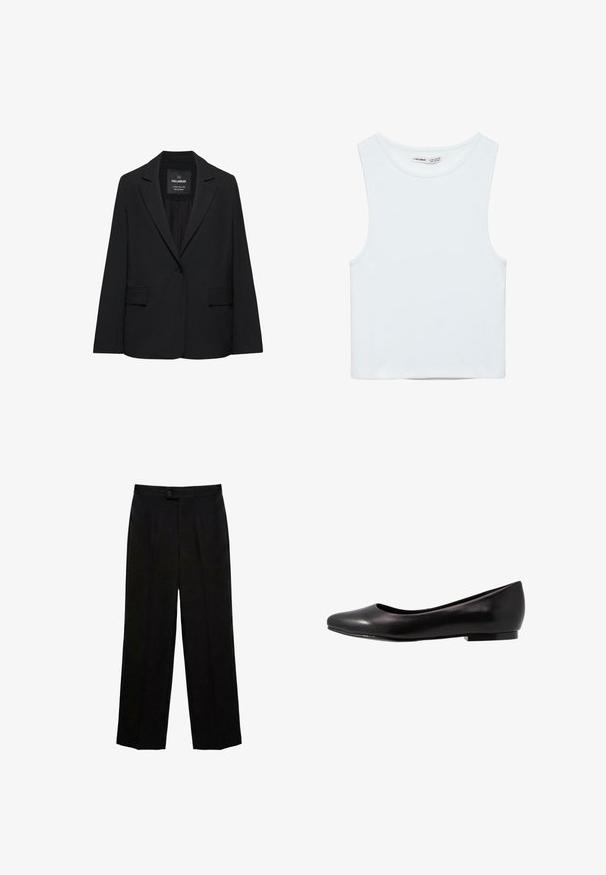 Sort skræddersyet blazer med enkeltknaplukning, skrå kraver og klaplommer, mærket Pull&Bear, vist på en hvid baggrund.; Hvid ærmeløs crop top med rund halsudskæring, lavet af glat stof, mærket Pull&Bear, egnet til afslappet brug.; Sorte bukser med lige ben, knaplukning og frontfolder, designet til formelt eller kontorbrug.; Sort ballette sko lavet af glat læder med rund tå og lav, flad sål. Har en glat overflade med et enkelt og strømlinet design.