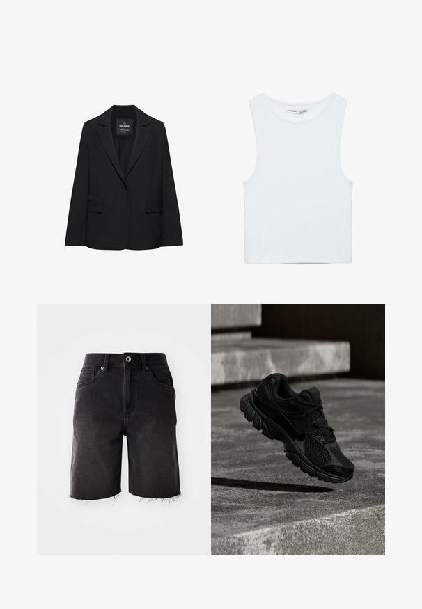Zwart op maat gemaakte blazer met een enkele knoopsluiting, notch-revers en klepzakken, gelabeld Pull&Bear, weergegeven tegen een witte achtergrond.; Witte mouwloze crop top met ronde hals, gemaakt van gladde stof, met Pull&Bear-label, geschikt voor casual wear.; Zwarte denim shorts met een vervaagde wassing, rafelig zoom, klassieke vijf-pocket ontwerp en een enkele knoopsluiting. Dikke stiksels accentueren het geheel.; Zwarte sportschoen met een mesh en synthetische bovenzijde, een gestructureerde zool en een afgeronde neus, zwevend boven een gestructureerd betonnen oppervlak.