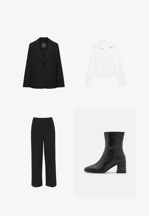 Sort skræddersyet blazer med enkeltknaplukning, skrå kraver og klaplommer, mærket Pull&Bear, vist på en hvid baggrund.; Hvid skjorte med lange ærmer, krave, let figursyet talje og manchetter med knapper, vist på en hvid baggrund.; Sorte bukser med bredde ben og flad talje, med forreste folder og en glat tekstur. Ingen synlige lommer eller metaldele.; Sorte læder ankelstøvle, spids tå, glat tekstur, mellemhøj blokhæl, minimalistisk design og syede detaljer langs kraven.