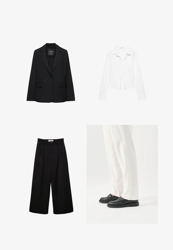 Blazer noir sur mesure avec fermeture à un bouton, revers crantés et poches à rabat, étiquette Pull&Bear, présenté sur fond blanc.; Chemise blanche à manches longues avec col, taille légèrement cintrée et poignets boutonnés, présentée sur fond blanc.; Pantalon noir à jambes larges avec taille haute, présentant des plis à l'avant, deux poches latérales et une fermeture par bouton. Texture de tissu lisse.; Personne portant un pantalon blanc sur mesure et des mocassins en cuir noirs, debout sur un fond blanc.