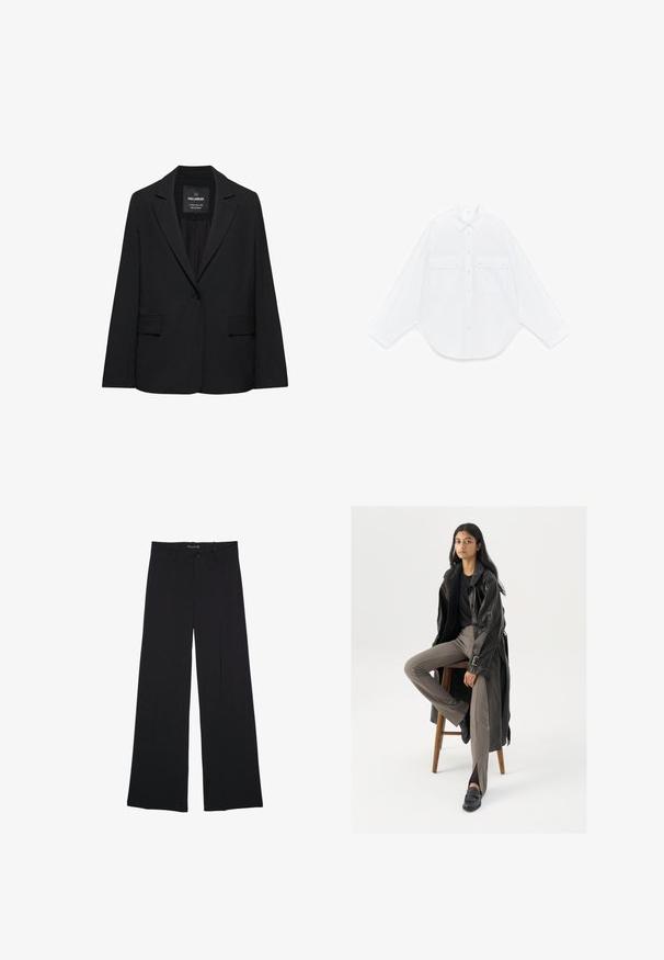Sort skræddersyet blazer med enkeltknaplukning, skrå kraver og klaplommer, mærket Pull&Bear, vist på en hvid baggrund.; Hvid skjorte med lange ærmer, knapper, spids krave og to forlommer med klapper og knapper, lagt fladt på en hvid baggrund.; Sorte bukser med vide ben, bæltestropper, knaplukning foran og lynlås, lagt fladt på en hvid baggrund.; Sort læder trench coat med knapper og bælte detalje, parret med lysebrune tætsiddende bukser og sorte loafers, siddende på en træstol.