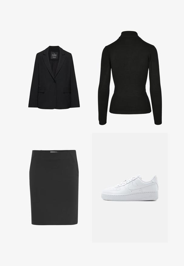 Čierne sako na mieru s jedným gombíkom, výrezmi na klopách a klopovými vreckami, označené značkou Pull&Bear, zobrazené na bielom pozadí.; Čierny rolák z mäkkej látky, s dlhými rukávmi, rebrovaným výstrihom a priliehajúcim strihom s minimálnym zdobením.; Čierna ceruzková sukňa do kolien s rovnostným strihom a bočným zipsom.; Biela nízka teniska Nike Air Force 1 so šnurovaním, perforovanou špičkou a charakteristickým logom Swoosh na boku.