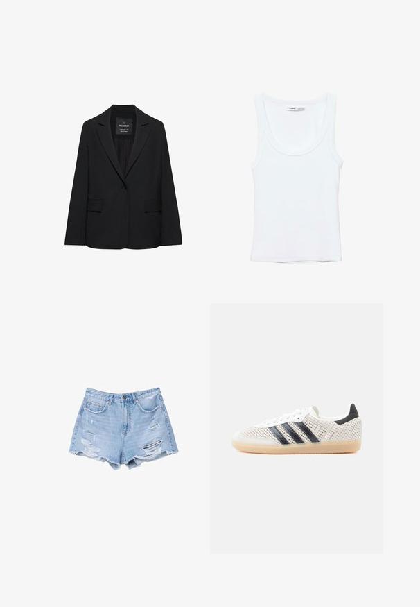 Zwart op maat gemaakte blazer met een enkele knoopsluiting, notch-revers en klepzakken, gelabeld Pull&Bear, weergegeven tegen een witte achtergrond.; Effen witte mouwloze tanktop met ronde hals, gemaakt van zachte stof, met een label aan de binnenkant van de kraag dat merk en maat aangeeft.; Lichtblauwe denim shorts met rafelige zoom en verwerkte details, voorzien van voorzakken en een knoopsluiting.; Witte sneakers van mesh met een zwart ontwerp van drie strepen, een ronde neus en een rubberen gumzool. Voorzien van een zachte hielkraag en een vetersluiting.