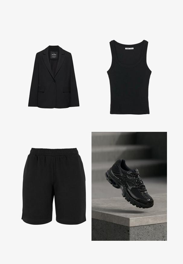 Zwart op maat gemaakte blazer met een enkele knoopsluiting, notch-revers en klepzakken, gelabeld Pull&Bear, weergegeven tegen een witte achtergrond.; Zwarte geribde mouwloze tanktop met een ronde halslijn en rechte zoom, label aan de binnenkant van de achterkant van de nek.; Zwarte katoenen shorts met een elastische tailleband, met een gladde textuur en een eenvoudige snit. Geen zakken of versieringen zichtbaar.; Zwarte Nike hardloopschoen met mesh en synthetische bovenkant die boven een betonnen oppervlak en trappen op de achtergrond zweeft.