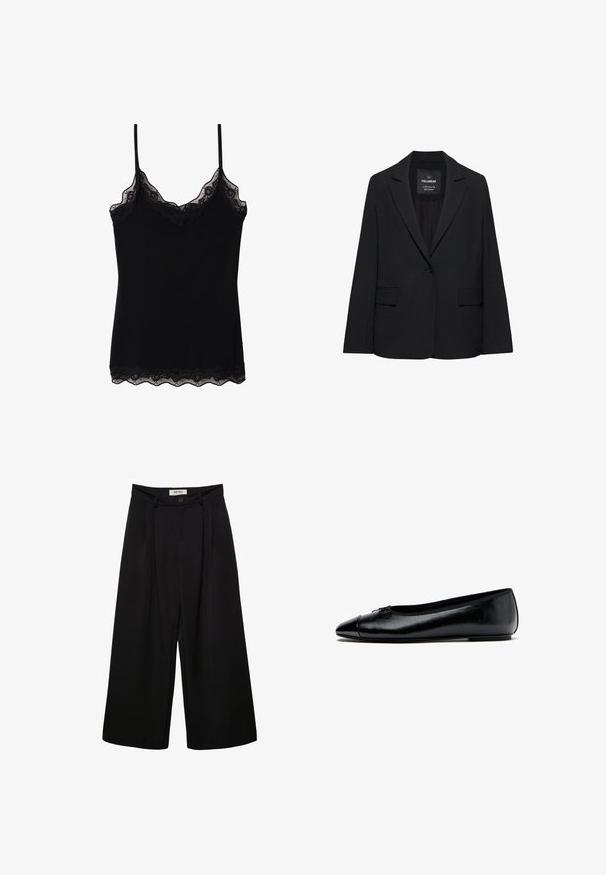 Schwarzer taillierter Blazer mit Ein-Knopf-Verschluss, Revers mit Kerbe und Pattentaschen, mit dem Etikett Pull&Bear, auf weißem Hintergrund dargestellt.; Schwarzes Spaghetti-Top mit verstellbaren Trägern, einem gewellten Spitzenbesatz entlang des Ausschnitts und Saums sowie einer figurschmeichelnden Passform. Hergestellt aus weichem Stoff.; Schwarze Hosen mit weitem Bein und hoher Taille, mit vorderen Falten, zwei Seitentaschen und einem Knopfverschluss. Glatte Stoffstruktur.; Schwarzer Ballerinaschuh aus Lackleder mit einer kleinen Schleife vorne und einer abgerundeten Schuhspitze, von der Seite auf weißem Hintergrund gezeigt.