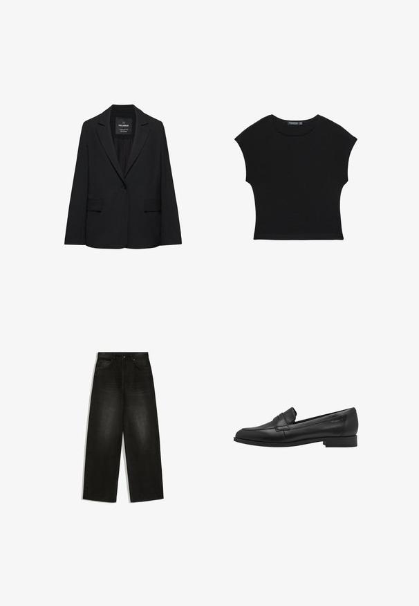 Sort skræddersyet blazer med enkeltknaplukning, skrå kraver og klaplommer, mærket Pull&Bear, vist på en hvid baggrund.; Sort kortærmet croptop med rund halsudskæring og let tilspidset talje, lavet af blødt, letvægtsstof.; Høj talje sorte vidde jeans med forlommer, bæltestropper og knaplukning, vist fladt på hvid baggrund.; Sort læder loafersko med en glat tekstur, rund tå og en lille hævet stroppedesign. Har en lav, solid hæl.