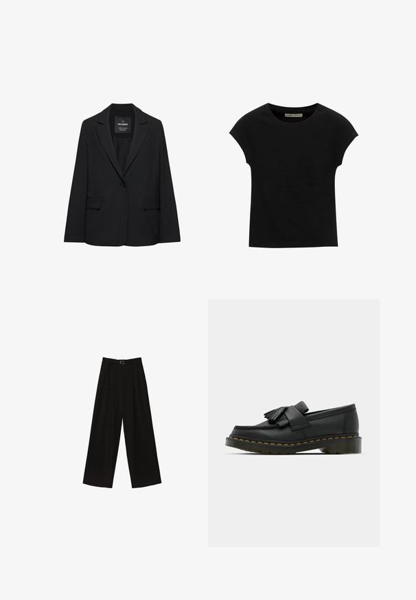 Čierne sako na mieru s jedným gombíkom, výrezmi na klopách a klopovými vreckami, označené značkou Pull&Bear, zobrazené na bielom pozadí.; Čierne tričko s krátkym rukávom a okrúhlym výstrihom. Vyrobené z hladkej, elastickej bavlnenej tkaniny. Jednoduchý dizajn bez vzorov alebo grafiky.; Čierne široké nohavice s vysokým pásom, vybavené pásom v páse a sklady pre textúru. Vyrobené z hladkej, ľahkej látky.; Čierne kožené poltopánky s okrúhlou špičkou, so strapcovými detailmi a dekoratívnym pásom cez prednú časť, umiestnené na robustnom opätku.