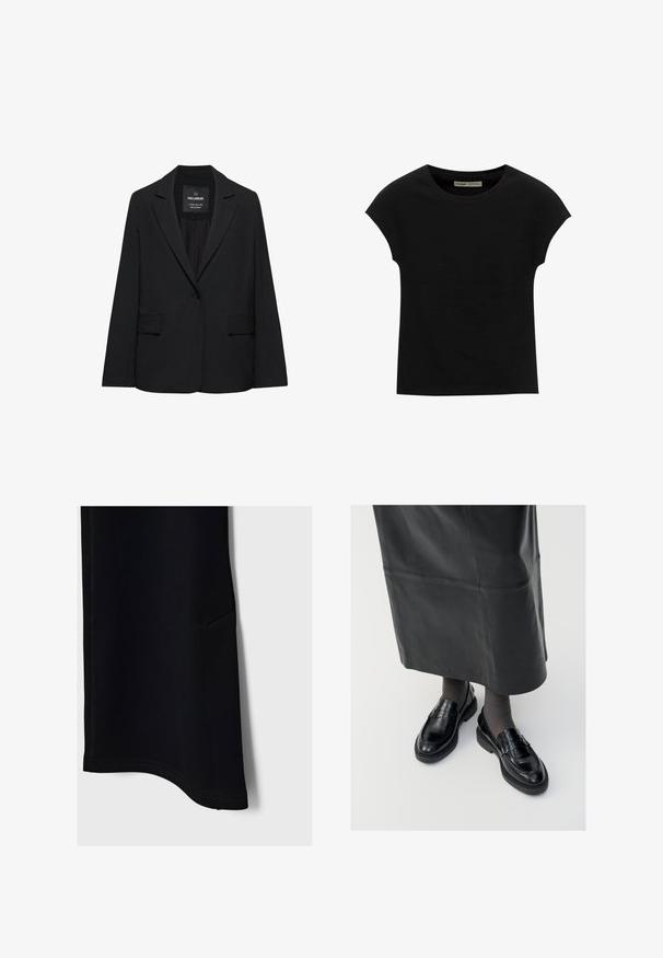 Blazer noir sur mesure avec fermeture à un bouton, revers crantés et poches à rabat, étiquette Pull&Bear, présenté sur fond blanc.; T-shirt noir à manches courtes avec un col rond. Confectionné en coton lisse et extensible. Design simple sans motifs ni graphismes.; Pantalons de sport noirs avec une texture lisse, un ourlet incurvé, une poche latérale et des coutures contrastées, conçus pour le confort et la mobilité.; Mocassins en cuir noir avec une finition lisse, ornés d'une bande décorative, à bout rond et avec une semelle texturée. Portés avec une longue jupe en cuir noir.