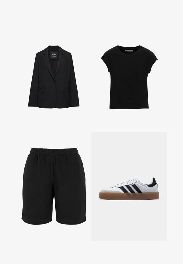 Sort skræddersyet blazer med enkeltknaplukning, skrå kraver og klaplommer, mærket Pull&Bear, vist på en hvid baggrund.; Sort T-shirt med korte ærmer og rund halsudskæring. Fremstillet af glat, elastisk bomuldsstof. Simpelt design uden mønstre eller grafik.; Sorte bomulds shorts med elastisk talje, der har en glat tekstur og en simpel pasform. Ingen lommer eller udsmykninger er synlige.; Hvide lædersneakers med sorte striber, gummirubber sål, rund tå, snørelukning og blød grå ruskinds tåhætte.