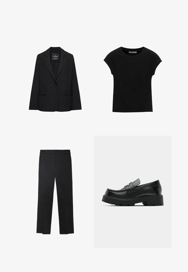 Sort skræddersyet blazer med enkeltknaplukning, skrå kraver og klaplommer, mærket Pull&Bear, vist på en hvid baggrund.; Sort T-shirt med korte ærmer og rund halsudskæring. Fremstillet af glat, elastisk bomuldsstof. Simpelt design uden mønstre eller grafik.; Sorte bukser lavet af et glat stof, med en lige ben-snit, bæltestropper og to forlommer. Skræddersyet design med rene linjer.; Sorte læder loafers med en chunky tekstureret sål, der har en rem over vamps og en glat, poleret finish.