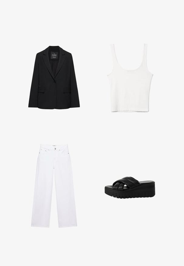 Blazer noir sur mesure avec fermeture à un bouton, revers crantés et poches à rabat, étiquette Pull&Bear, présenté sur fond blanc.; Débardeur en coton blanc avec un décolleté arrondi, sans manches et ajusté. Texture lisse, design uni et détails de couture minimaux.; Jean blanc taille haute à jambes larges avec fermeture à boutons et zip, poches avant et arrière, et détails en rivets argentés.; Sandales plateformes noires avec des lanières croisées en cuir lisse, présentant une semelle épaisse et texturée et un bout légèrement arrondi.