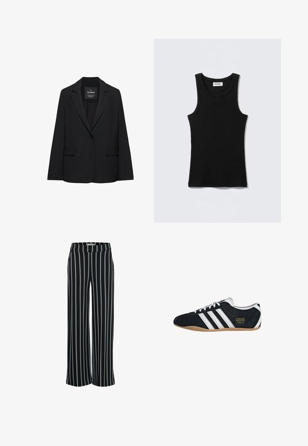 Čierne sako na mieru s jedným gombíkom, výrezmi na klopách a klopovými vreckami, označené značkou Pull&Bear, zobrazené na bielom pozadí.; Čierny bavlnený tielko s okrúhlym výstrihom a úzkymi ramienkami. Jednoduchý dizajn bez vzorov alebo ozdôb.; Čierne nohavice z tkaniny s vertikálnymi modrými pruhmi, s voľným strihom a elastickým pásom. Hladká textúra, bez viditeľných zapínaní.; Čierne semišové tenisky s bielymi tromi pruhmi, zlatým logom a hnedou gumovou podrážkou. Disponujú nízkym šnurovacím dizajnom.