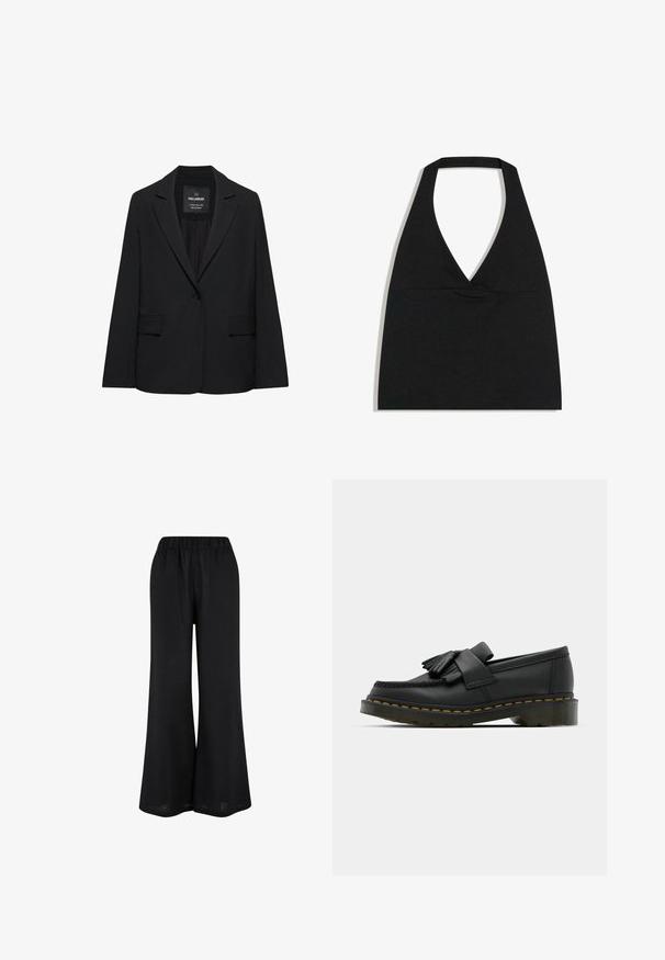 Blazer noir sur mesure avec fermeture à un bouton, revers crantés et poches à rabat, étiquette Pull&Bear, présenté sur fond blanc.; Haut court noir à col licou avec un profond décolleté en V et une large bretelle autour du cou sur fond blanc.; Pantalons larges noirs en tissu léger. Dotés d'une taille élastique et d'un design fluide atteignant le sol.; Mocassins en cuir noir avec un bout rond, présentant un détail à franges et une bande décorative à l'avant, montés sur un talon épais.