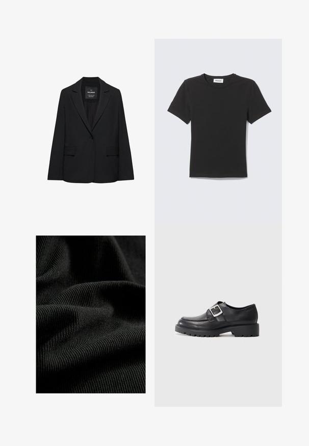 Blazer noir sur mesure avec fermeture à un bouton, revers crantés et poches à rabat, étiquette Pull&Bear, présenté sur fond blanc.; T-shirt noir à manches courtes col rond posé à plat avec une petite étiquette blanche à l'intérieur du col sur un fond clair.; Tissu noir côtelé avec une surface texturée, mettant en valeur des plis et des courbes subtiles. Le matériau semble léger et flexible.; Chaussures en cuir noir avec un bout arrondi, présentant un détail de boucle sur le côté et une semelle épaisse et robuste. Texture lisse avec peu de coutures.