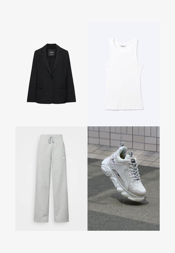 Sort skræddersyet blazer med enkeltknaplukning, skrå kraver og klaplommer, mærket Pull&Bear, vist på en hvid baggrund.; Hvid ærmeløs ribstrikket top med rund halsudskæring og en lille label med teksten "WEEKDAY" indeni kraven.; Grå sweatpants med elastisk talje, snor detaljer og et lille hvidt Nike-logo på venstre lår. Blødt stof, løs pasform.; Hvide sneakers med mesh- og lædermaterialer, rund tå, tyk sål, fremtrædende snørebånd og branding på hælen og tungen.