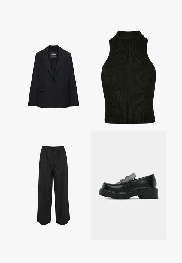Sort skræddersyet blazer med enkeltknaplukning, skrå kraver og klaplommer, mærket Pull&Bear, vist på en hvid baggrund.; Sort ribbet top uden ærmer med høj krave, med et tætsiddende design og struktureret stof.; Sorte bukser med brede ben, elastisk talje og snøre, lavet af letvævet stof, vist mod en hvid baggrund.; Sorte læder loafers med en chunky tekstureret sål, der har en rem over vamps og en glat, poleret finish.