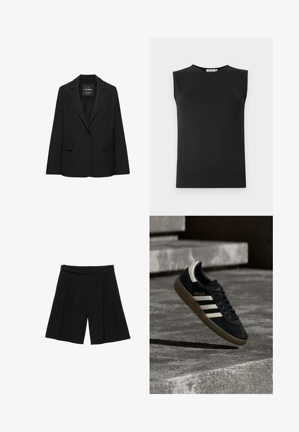 Blazer noir sur mesure avec fermeture à un bouton, revers crantés et poches à rabat, étiquette Pull&Bear, présenté sur fond blanc.; Haut sans manches noir en tissu lisse et extensible. Présente un col rond et une silhouette ajustée. Pas de motifs ni d'accents visibles.; Shorts noirs sur mesure longueur genou avec plis à l'avant et passants de ceinture, conçus pour un look structuré et soigné.; Baskets Adidas noires avec des bandes blanches et une semelle en gomme flottant au-dessus d'escaliers en béton gris sous une lumière naturelle.