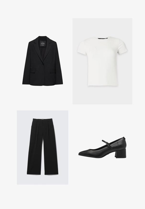 Sort skræddersyet blazer med enkeltknaplukning, skrå kraver og klaplommer, mærket Pull&Bear, vist på en hvid baggrund.; Hvid kortærmet ribstrikket t-shirt med rund halsudskæring, vist på en ensartet lys grå baggrund.; Sorte bukser med brede ben og en glat tekstur, der har en plisseret front, bæltestropper og et lige snit.; Sorte læder lavhælede pumps med spidse tæer, ankelrem og struktureret finish. Simpelt design med en robust blokhæl.