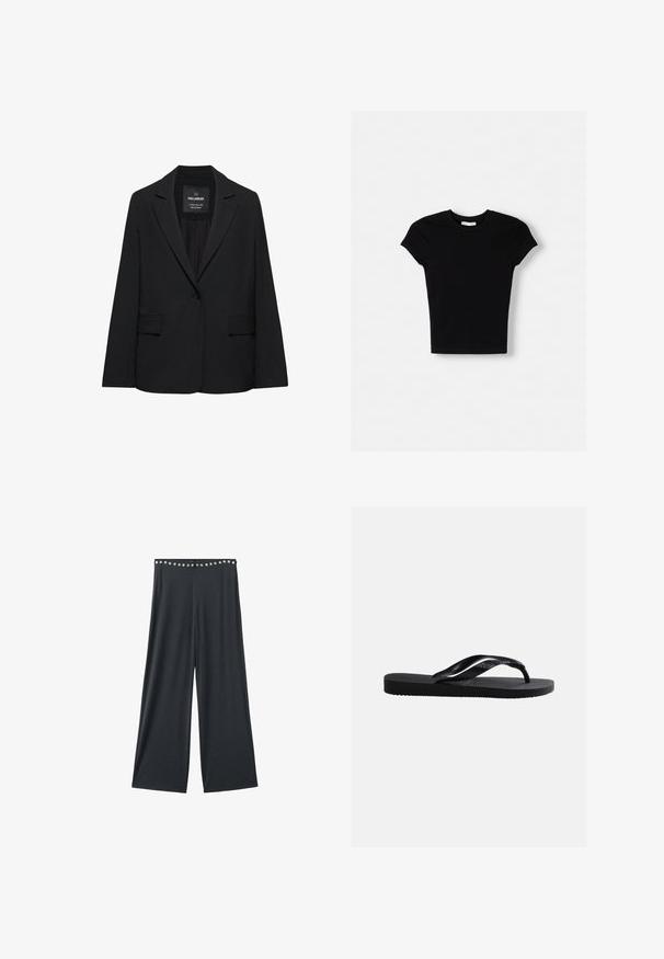 Zwart op maat gemaakte blazer met een enkele knoopsluiting, notch-revers en klepzakken, gelabeld Pull&Bear, weergegeven tegen een witte achtergrond.; Zwart t-shirt met korte mouwen van katoen. Fitted ontwerp, ronde hals en een gladde textuur. Geen patronen of extra hardware zichtbaar.; Zwarte broek met wijde pijpen en een hoge taille, versierd met gelijkmatig verdeelde zilveren oogjes langs de tailleband.; Zwarte rubberen flip-flopsandaal met gestructureerde zool en gladde bandjes, zijaanzicht tegen een effen lichtgrijze achtergrond.