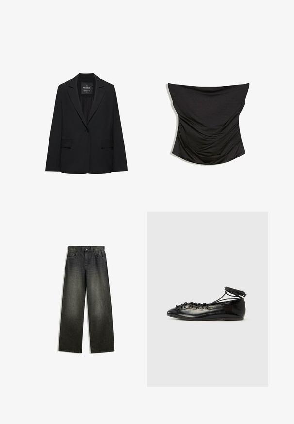 Sort skræddersyet blazer med enkeltknaplukning, skrå kraver og klaplommer, mærket Pull&Bear, vist på en hvid baggrund.; Sort stropløs rynket satin korset top med en lige udskæring og tætsiddende silhuet på hvid baggrund.; Bredde ben jeans i mørkegrå denim med en falmet finish, fem-lomme design og en knaplukning i taljen.; Sorte balletflade sko i laklæder med rundet tå, snørelukning og flad sål. Glat tekstur med få detaljer.