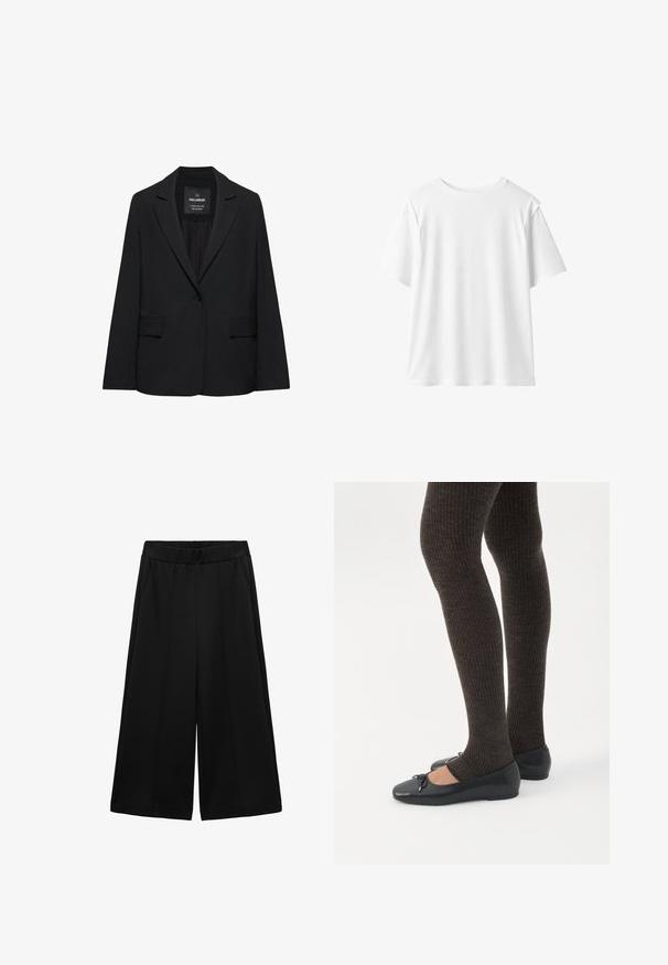 Zwart op maat gemaakte blazer met een enkele knoopsluiting, notch-revers en klepzakken, gelabeld Pull&Bear, weergegeven tegen een witte achtergrond.; Eenvoudig wit T-shirt met korte mouwen en ronde hals, losse pasvorm, getoond op een witte achtergrond.; Zwarte wijde broek gemaakt van gestructureerde stof, met zijzakken en een gladde tailleband, ontworpen voor een ruime pasvorm.; Benen met donkere geribbelde leggings gecombineerd met zwarte ballerina's met kleine strikdetails op een witte achtergrond.