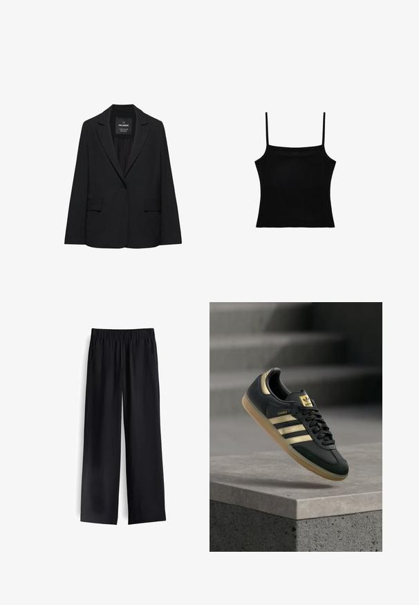 Schwarzer taillierter Blazer mit Ein-Knopf-Verschluss, Revers mit Kerbe und Pattentaschen, mit dem Etikett Pull&Bear, auf weißem Hintergrund dargestellt.; Schwarzes kurzes Tanktop mit dünnen Spaghettiträgern und geradem Ausschnitt, auf weißem Hintergrund dargestellt.; Schwarze weit geschnittene Hose aus glattem Stoff, mit elastischem Bund und zwei vorderen Taschen, mit einem fließenden Fall und minimalistischem Design.; Schwarzer Adidas Samba Sneaker mit goldenen Streifen und Gummisohle, der über einer Betonfläche mit unscharfen Treppen im Hintergrund schwebt.