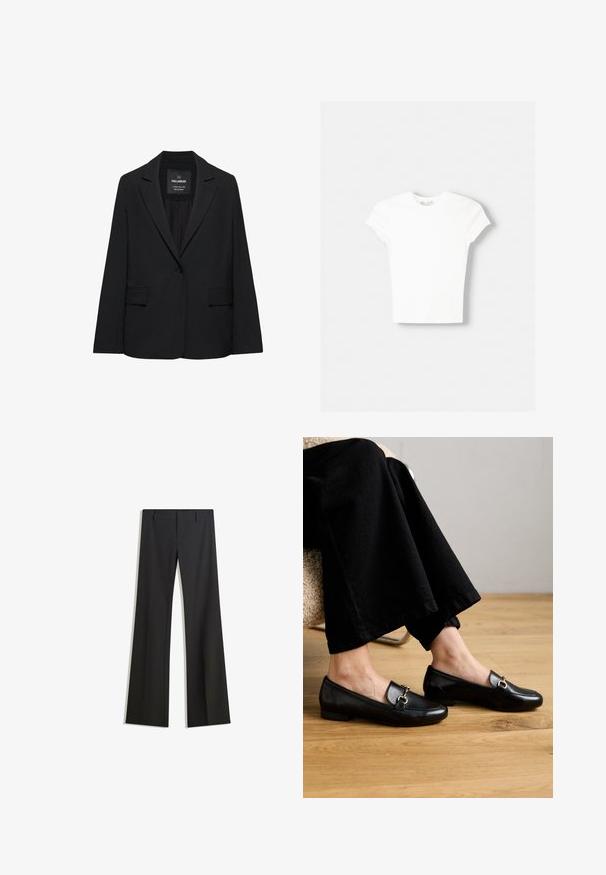 Sort skræddersyet blazer med enkeltknaplukning, skrå kraver og klaplommer, mærket Pull&Bear, vist på en hvid baggrund.; Hvid kortærmet t-shirt lavet af blød bomuld, med rund halsudskæring og en tætsiddende form. Ingen synlige mønstre eller udsmykninger.; Sorte, flarede bukser med en glat tekstur, der har en skræddersyet pasform og en talje. Ingen synlige mønstre eller udsmykninger.; Sorte læder loafers med firkantet tå og lille hæl, der har en dekorativ hardware i guldfarve på oversiden.
