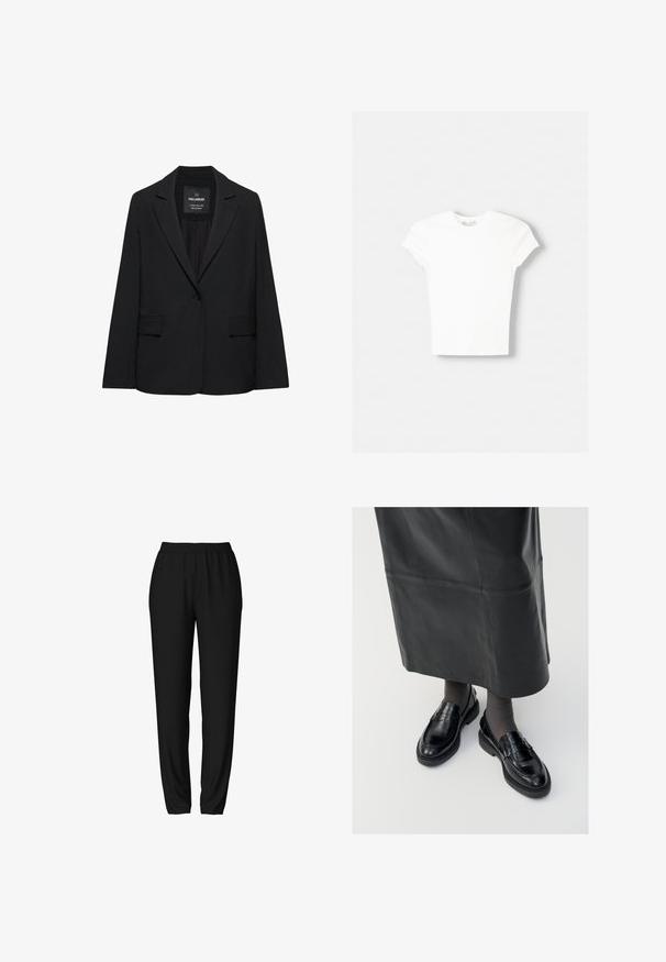 Sort skræddersyet blazer med enkeltknaplukning, skrå kraver og klaplommer, mærket Pull&Bear, vist på en hvid baggrund.; Hvid kortærmet t-shirt lavet af blød bomuld, med rund halsudskæring og en tætsiddende form. Ingen synlige mønstre eller udsmykninger.; Sorte joggingbukser med elastisk talje, tapered ben og en glat, blød tekstur. Enkel, funktionel design uden yderligere accenter.; Sorte læder loafers med en glat finish, prydet med en dekorativ rem, rund tå og tekstureret sål. Båret med en lang sort læderskirt.