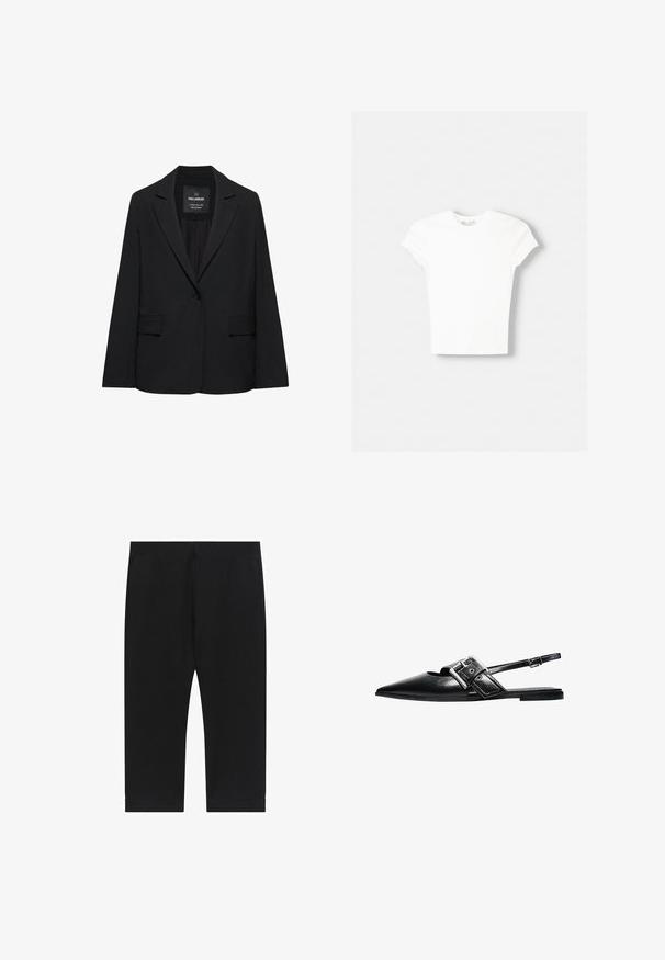 Zwart op maat gemaakte blazer met een enkele knoopsluiting, notch-revers en klepzakken, gelabeld Pull&Bear, weergegeven tegen een witte achtergrond.; Witte t-shirt met korte mouwen van zachte katoen, met een ronde halslijn en een getailleerde vorm. Geen zichtbare patronen of versieringen.; Zwarte stretchbroek met een aansluitend ontwerp, voorzien van een gladde textuur en een cropped lengte, afgewerkt met een eenvoudige zoom bij de enkels.; Zwarte platte sandaal met puntige neus, grote zilveren gesp en verstelbare slingback-band, glad leren bovenwerk en dunne zool.