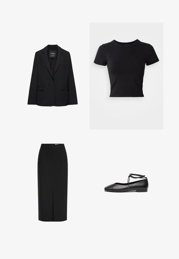 Zwart op maat gemaakte blazer met een enkele knoopsluiting, notch-revers en klepzakken, gelabeld Pull&Bear, weergegeven tegen een witte achtergrond.; Zwart cropped t-shirt van stevige katoen, met korte mouwen en een ronde halslijn, met een glad en eenvoudig ontwerp.; Zwarte midi potloodrok met hoge taille, een vooraanstaande split en een verborgen rits op een witte achtergrond.; Zwarte leren ballerina's met een spitse neus, platte hak en een wikkelbandje rond de enkel. Glad oppervlak, minimalistisch ontwerp.