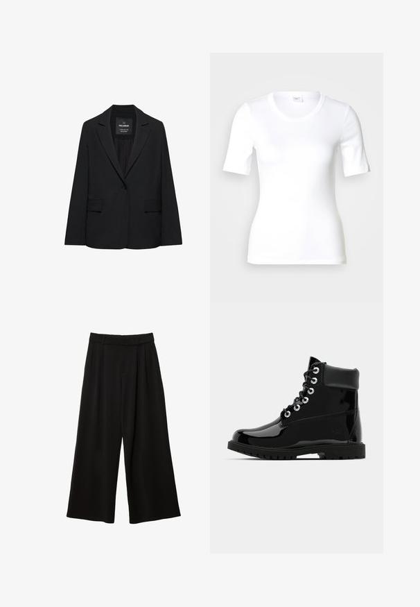 Sort skræddersyet blazer med enkeltknaplukning, skrå kraver og klaplommer, mærket Pull&Bear, vist på en hvid baggrund.; Hvid T-shirt med korte ærmer lavet af glat bomuld, med rund halsudskæring og en tætsiddende pasform. Klassisk design uden mønstre eller detaljer.; Sorte bukser med vidde ben, høj talje, forreste folder, bæltestropper og en afslappet pasform.; Sorte skinnende ankelstøvler med en glat laklæderfinish, rund tå, seks snøreøjer og en robust gummisål.