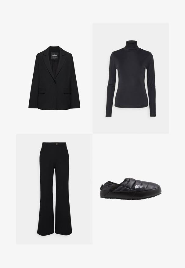 Sort skræddersyet blazer med enkeltknaplukning, skrå kraver og klaplommer, mærket Pull&Bear, vist på en hvid baggrund.; Sort turtleneck langærmet top lavet af et glat, strækbart stof. Har et tætsiddende design og en høj krave. Minimalistisk stil, ingen synlige mønstre.; Sorte flagrende bukser lavet af strækstof, der har en frontknaplukning og bæltestropper. Glat tekstur med jævn farve gennem hele stoffet.; Sort isoleret slip-on sko med quiltet overdel, gummisål og strukturel detaljering. Har en hæltrækstrop og branding på siden.