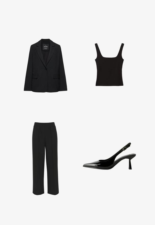 Blazer noir sur mesure avec fermeture à un bouton, revers crantés et poches à rabat, étiquette Pull&Bear, présenté sur fond blanc.; Top noir sans manches avec un décolleté carré, fabriqué en coton lisse, doté de bretelles épaisses et d'une silhouette ajustée.; Pantalons larges noirs avec une taille plate, comportant des plis à l'avant et une texture lisse. Pas de poches ni de matériel visible.; Racine à talon en cuir verni noir avec un nez pointu, des côtés découpés, une bride de cheville ajustable et un talon fin et élégant.
