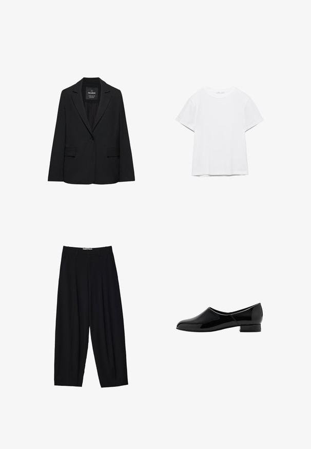 Blazer noir sur mesure avec fermeture à un bouton, revers crantés et poches à rabat, étiquette Pull&Bear, présenté sur fond blanc.; T-shirt blanc uni à manches courtes et col rond, avec un ourlet droit, présenté sur un fond blanc.; Pantalons larges noirs en tissu léger, avec des plis avant, une taille classique et des poches latérales. Texture douce.; Mocassin en cuir verni noir avec un bout arrondi et un petit talon carré. Surface lisse, design minimaliste, sans embellissements visibles.