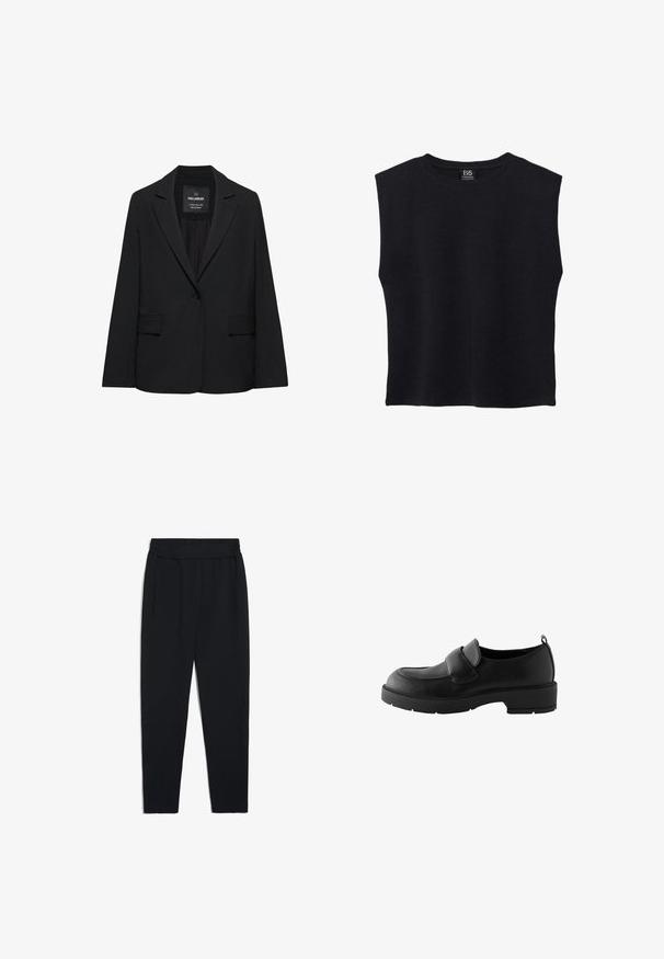 Zwart op maat gemaakte blazer met een enkele knoopsluiting, notch-revers en klepzakken, gelabeld Pull&Bear, weergegeven tegen een witte achtergrond.; Zwart mouwloos shirt met ronde hals, rechte zoom en een B5-merklabel aan de binnenzijde van de achterkraag.; Zwarte joggers gemaakt van zachte stof, met een elastische tailleband, zijzakken en taps toelopende pijpen voor een aangesloten look.; Zwarte leren loafers met een ronde neus, voorzien van een voorband en een rubberen zool met textuur voor grip. Inclusief een trekband aan de hiel.