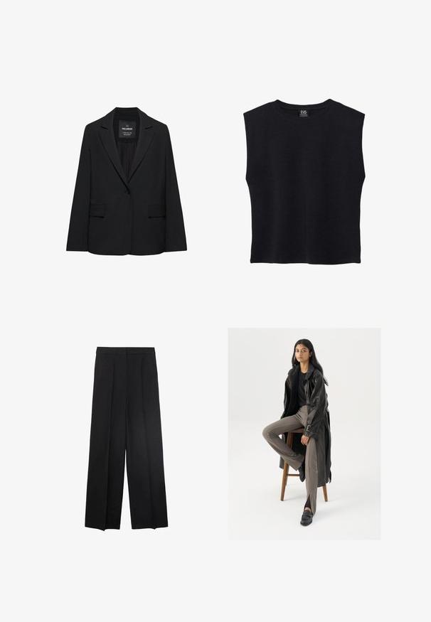Sort skræddersyet blazer med enkeltknaplukning, skrå kraver og klaplommer, mærket Pull&Bear, vist på en hvid baggrund.; Sort ærmeløs t-shirt med rund halsudskæring, lige kant og et B5-mærke på indersiden af nakken.; Bredde ben sorte bukser med en glat tekstur, med plisseringer foran og en høj talje-design. Ingen synlige lommer eller hardware.; Sort læder trench coat med knapper og bælte detalje, parret med lysebrune tætsiddende bukser og sorte loafers, siddende på en træstol.