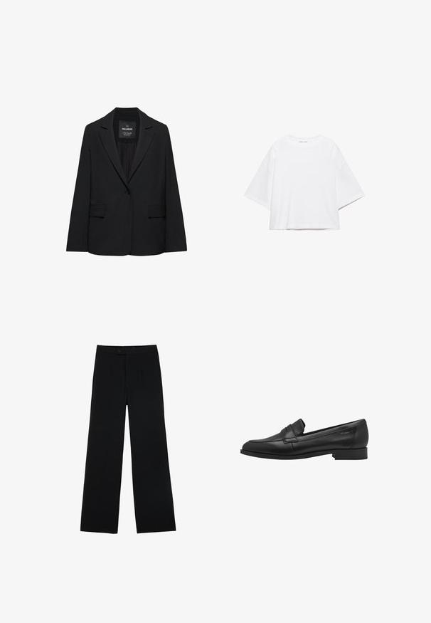 Sort skræddersyet blazer med enkeltknaplukning, skrå kraver og klaplommer, mærket Pull&Bear, vist på en hvid baggrund.; Hvid, kortærmet, løs t-shirt lavet af blød bomuld. Har rund halsudskæring og brede ærmer, med et rent, enkelt design.; Sorte vidde bukser lavet af glat stof, med en frontknaplukning og to plissee for ekstra detaljer. Skræddersyet design i det hele taget.; Sort læder loafersko med en glat tekstur, rund tå og en lille hævet stroppedesign. Har en lav, solid hæl.