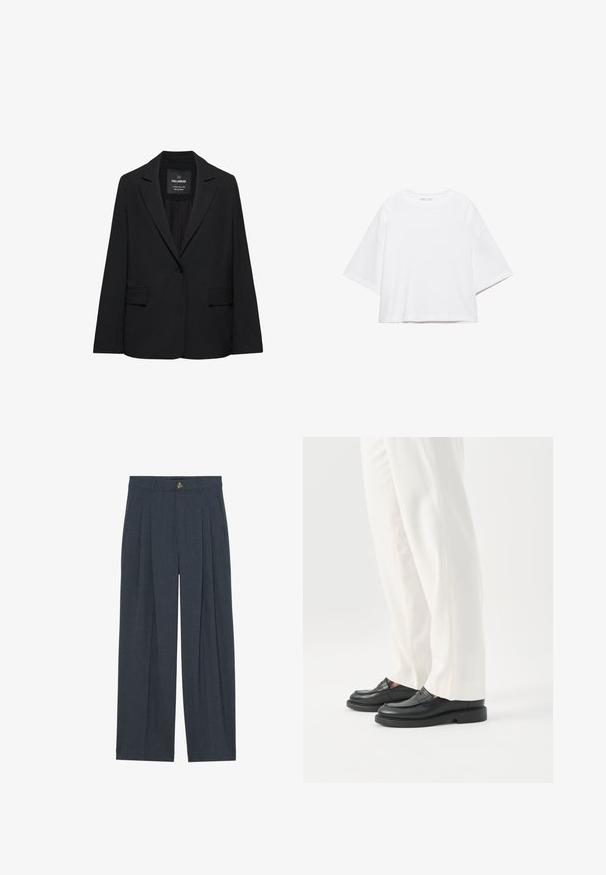 Sort skræddersyet blazer med enkeltknaplukning, skrå kraver og klaplommer, mærket Pull&Bear, vist på en hvid baggrund.; Hvid, kortærmet, løs t-shirt lavet af blød bomuld. Har rund halsudskæring og brede ærmer, med et rent, enkelt design.; Vide bukser lavet af tekstureret mørkegråt stof, med foran pliserede detaljer, en knaplukning og sidelommer for ekstra funktionalitet.; Person iført hvide skræddersyede bukser og sorte læder loafers stående på hvid baggrund.