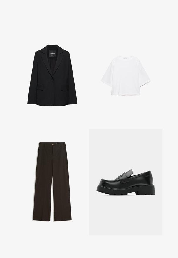 Blazer noir sur mesure avec fermeture à un bouton, revers crantés et poches à rabat, étiquette Pull&Bear, présenté sur fond blanc.; T-shirt blanc à manches courtes, coupe carrée, en coton doux. Présente un col rond et des manches larges, avec un design épuré et simple.; Pantalon à jambes larges en tissu marron foncé, avec des fines rayures verticales, une fermeture boutonnée à l'avant et deux poches latérales pour plus de fonctionnalité.; Mocassins en cuir noir avec une semelle épaisse et texturée, dotés d'une sangle sur le vamp et d'une finition lisse et polie.